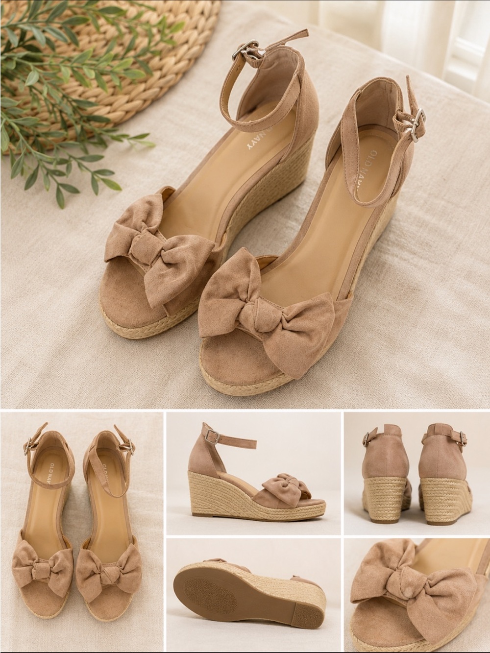 Old Navy Nude Bow Ankle-Strap Wedge Sandals